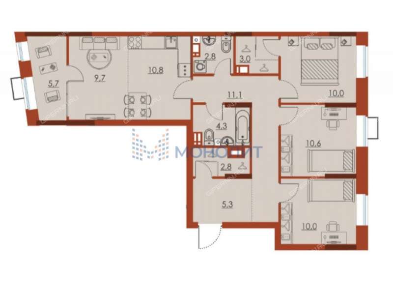 четырёхкомнатная квартира в границах улиц Октябрьской Революции, Григорьева, Витебская