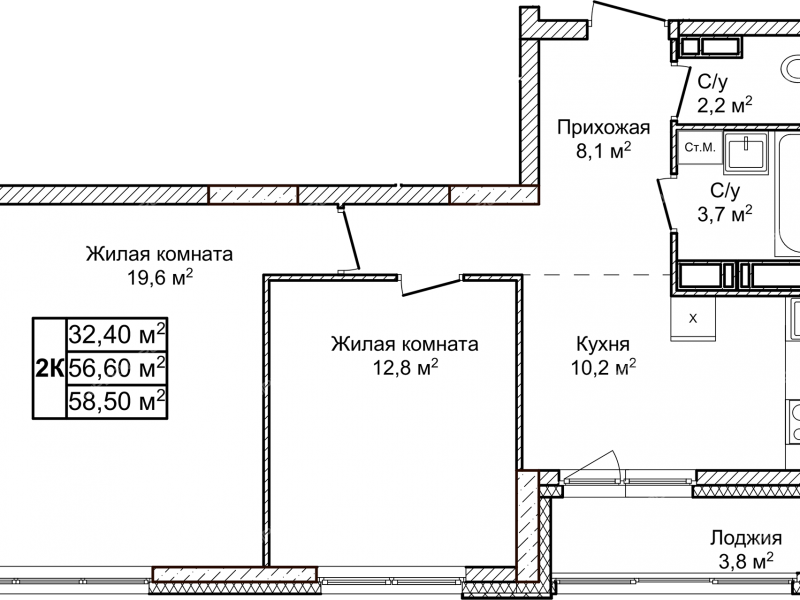 двухкомнатная квартира в новостройке в ЖК Новое Ольгино, дом 1